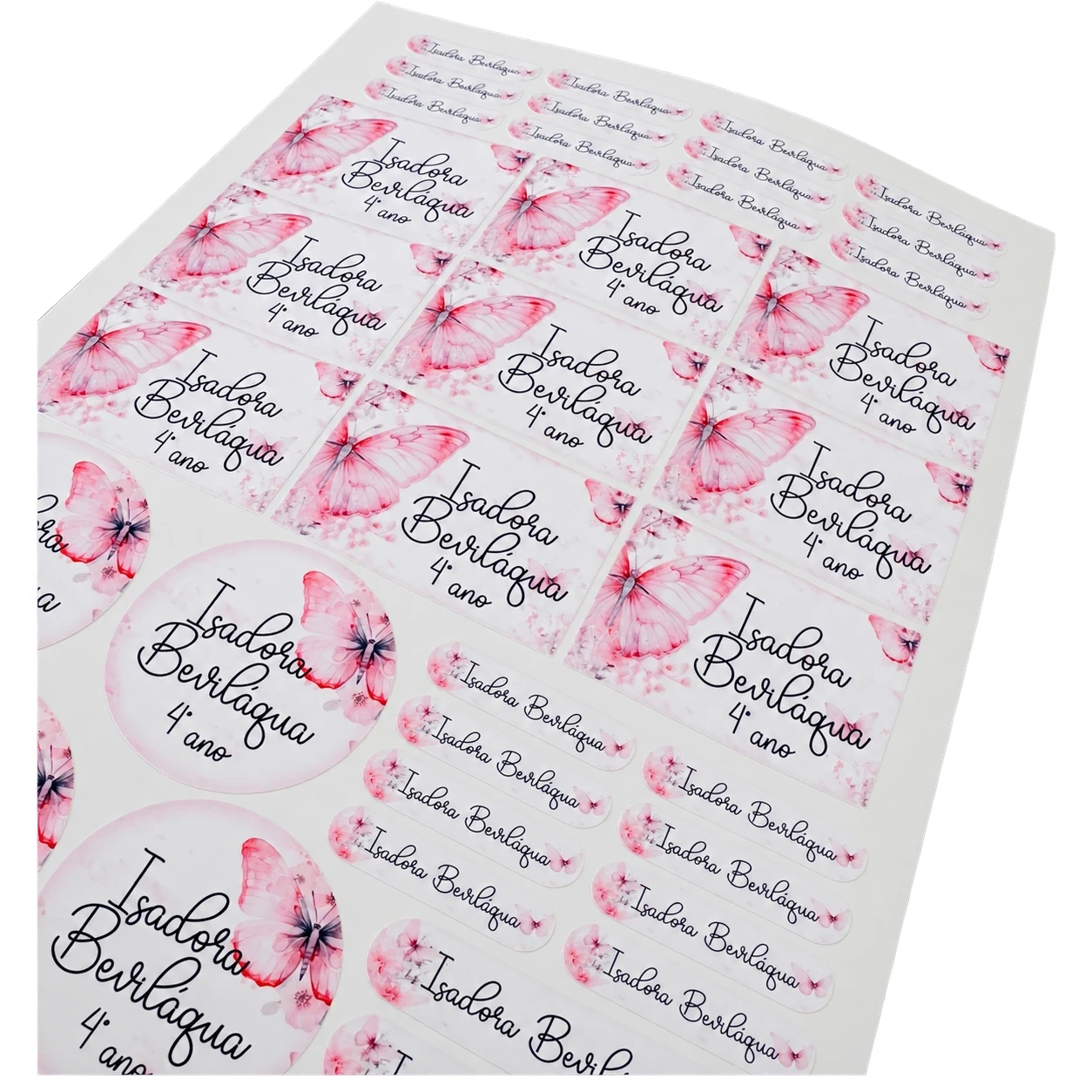Folha de autocolantes. Para identificar objetos e material escolar, com nome e imagem personalizados.